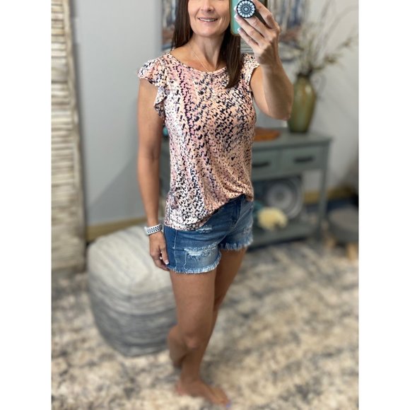 ❤️🔥NEW Snake Print Short Flutter Sleeve Round Neck Top Pink Black 4321 - Picture 9 of 9